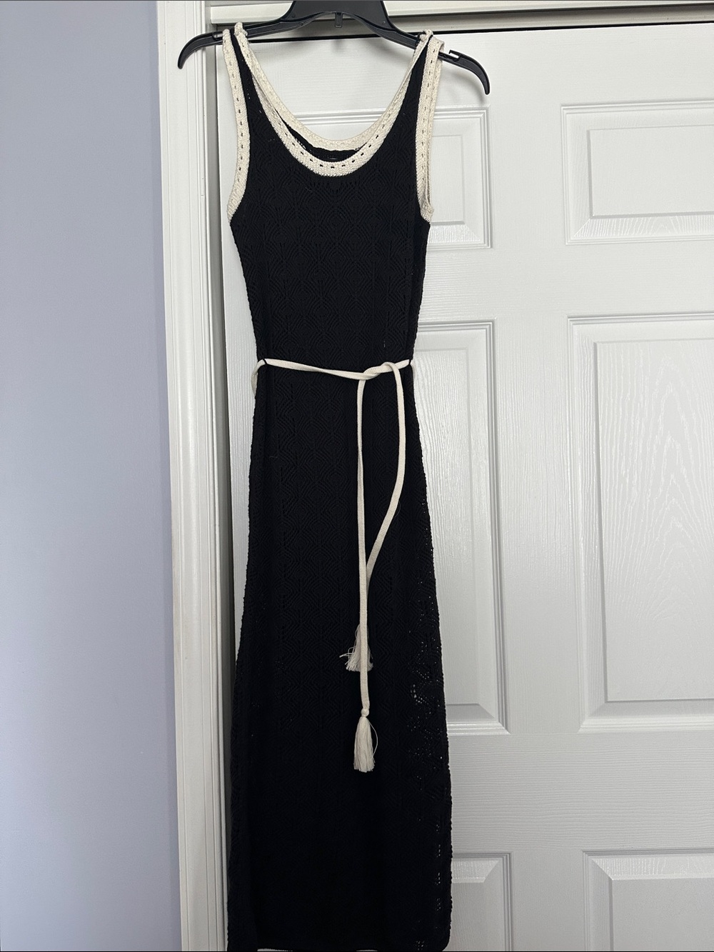 Nine West Black Crochet Maxi Dress with Cream Trim and Tie